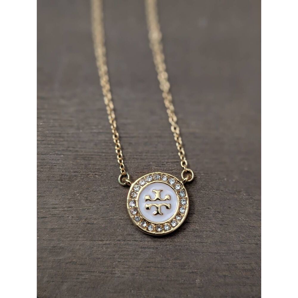 TORY BURCH Kira Gold White Pave Enamel Double T Logo Pendant Necklace